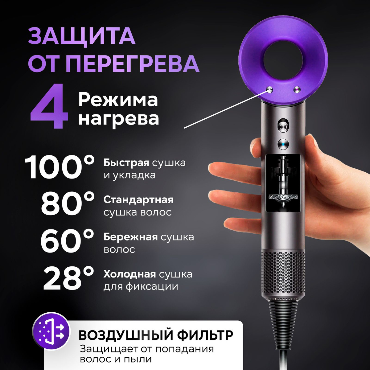 Фен для волос Super Hair Dryer 1600 Вт, скоростей 3, кол-во насадок 5 ...