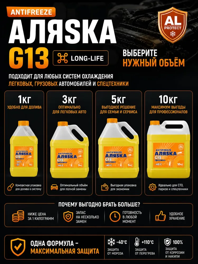Антифриз желтый G13 -40, охлаждающая жидкость для автомобиля, 5 кг, Аляска Long Life, 5 кг, фото 5