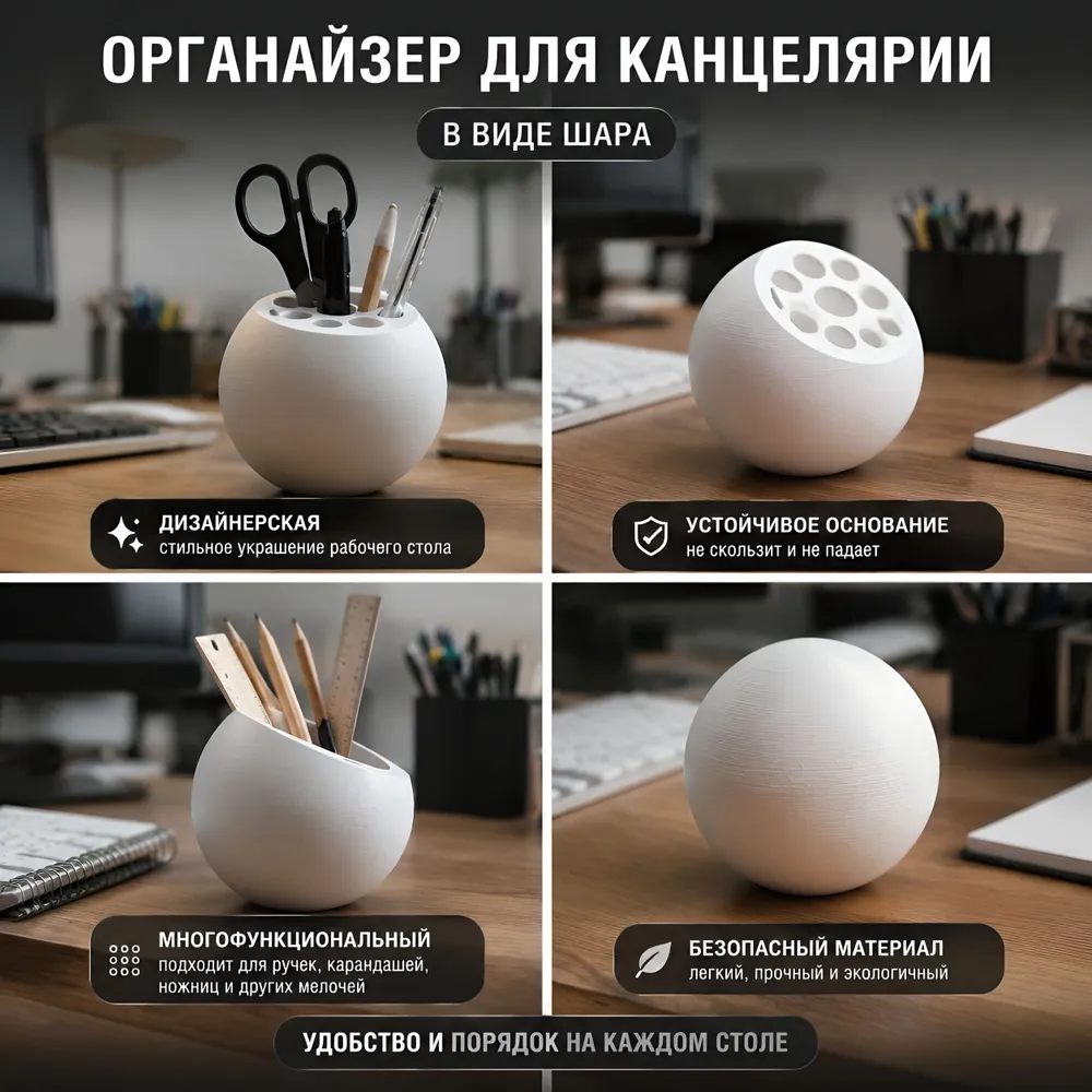 Органайзер для канцелярии, шар, дизайнерская, подставка для ручек и карандашей, белый, белый, фото 5