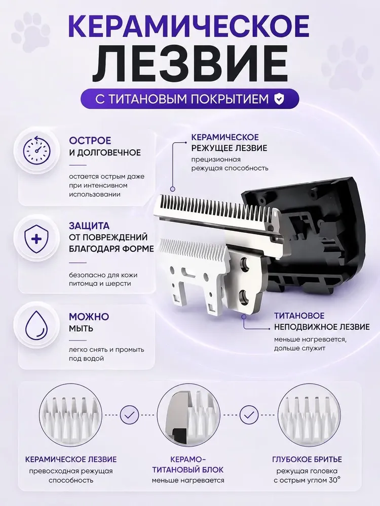 Машинка для стрижки животных D6 бесшумная (до 50 дБ), для кошек и мелких пород, беспроводная, с 6 насадками, вариант, фото 6