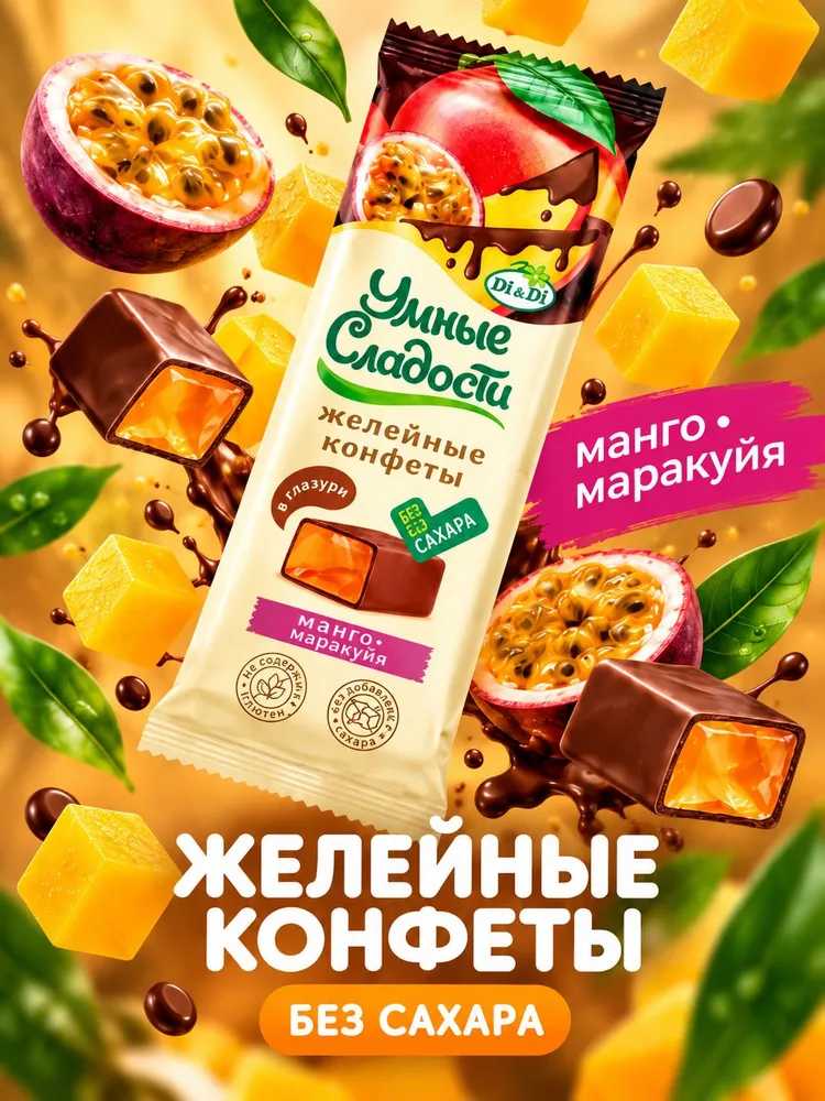 Конфеты "Умные сладости" желейные со вкусом манго-маракуйя в кондитерской глазури 105г, 105 г