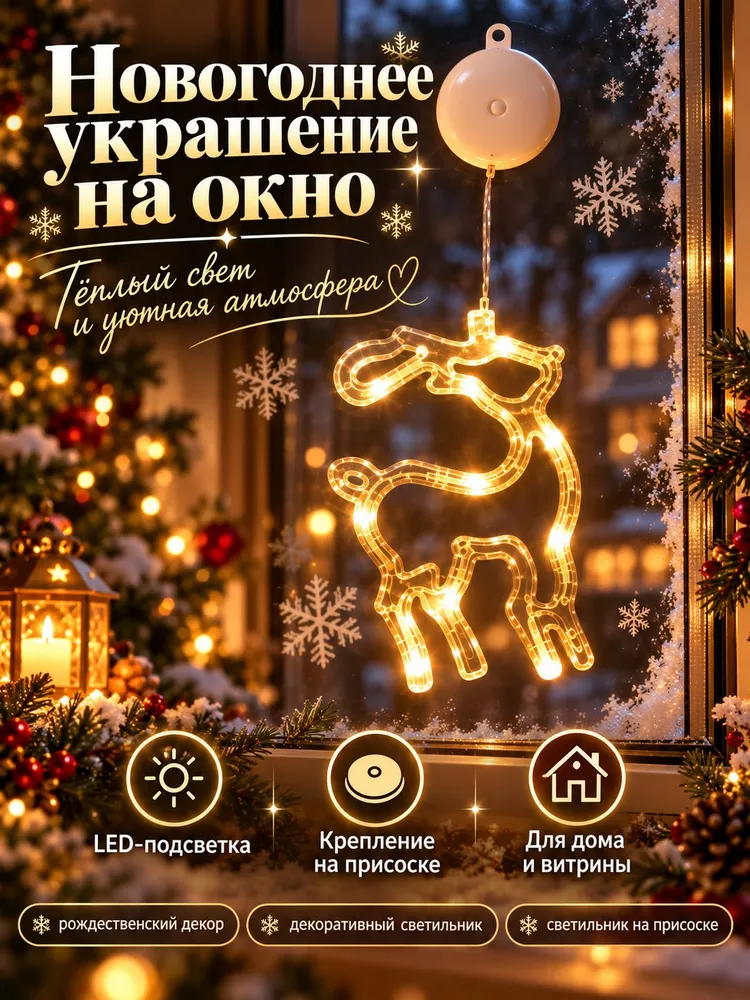 Фигура светящаяся олень с креплением-присоской для окон и дома, вариант, фото 2