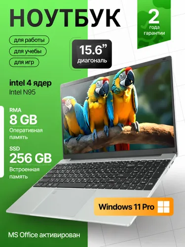 XISEZIUO Ноутбук 15.6", Intel N95, RAM 8 ГБ, SSD 256 ГБ, Intel HD Graphics, Windows Pro, серебристый, Русская раскладка