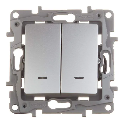 Выключатель Legrand Etika двухклавишный встраиваемый алюминий с подсветкой 672404