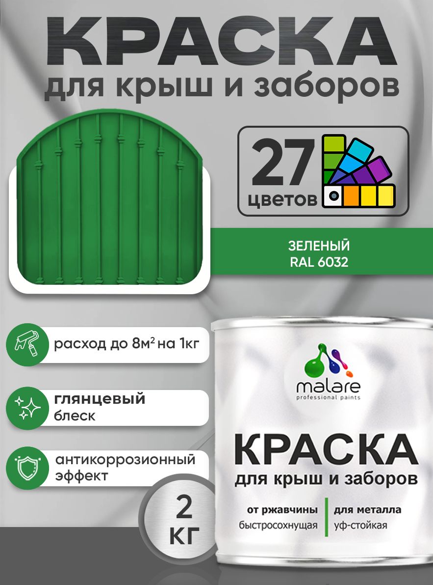 Краска по металлу Malare для крыш и заборов по ржавчине, для наружных работ, быстросохнущая износостойкая RAL 6032 зеленый, глянцевая, 2 кг