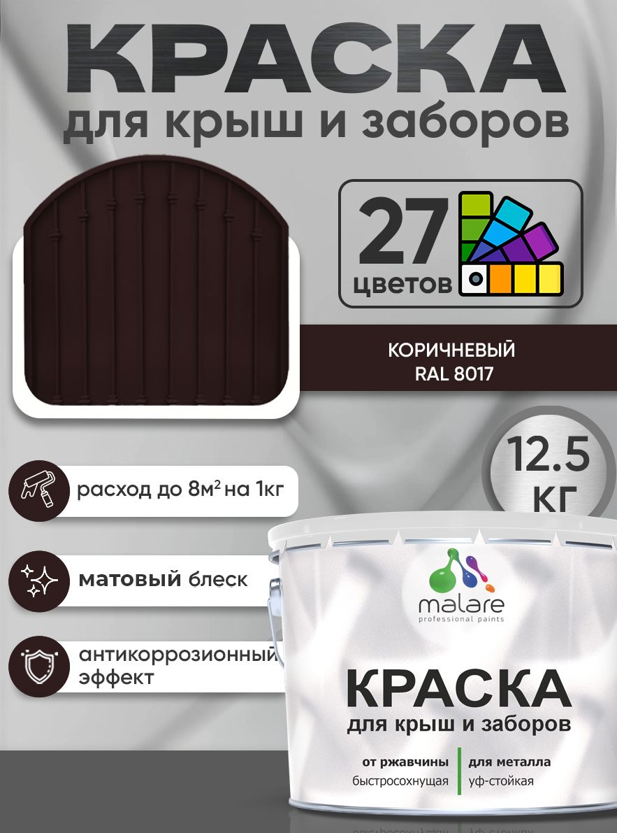 Краска по металлу Malare для крыш и заборов по ржавчине, для наружных работ, быстросохнущая износостойкая RAL 8017 коричневый, матовая, 12,5 кг