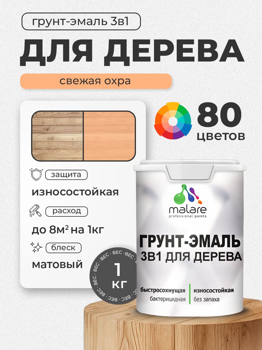 Акриловая Грунт-Эмаль 3 в 1 Malare для деревянных поверхностей с антисептическим эффектом, быстросохнущая, моющаяся без запаха матовая, свежая охра, 1 кг