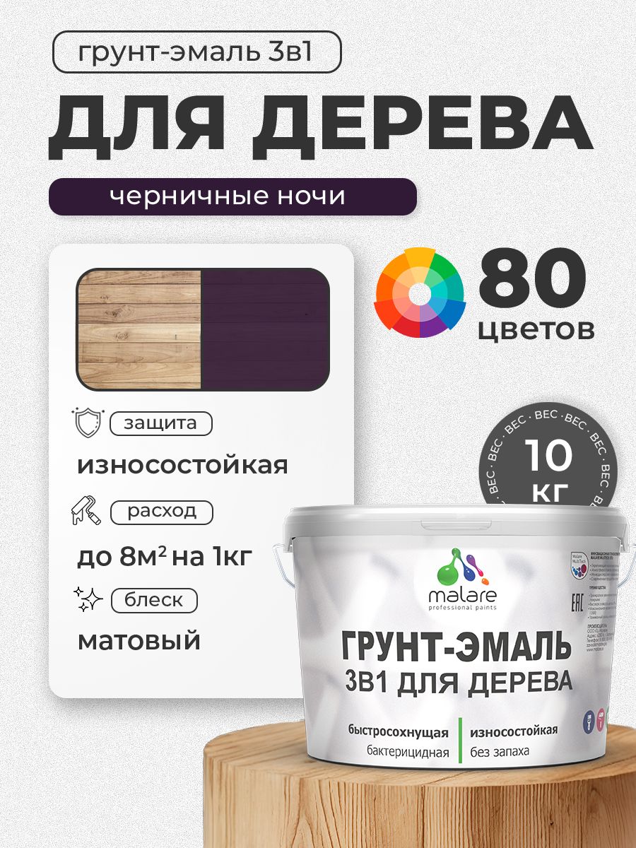 Акриловая Грунт-Эмаль 3 в 1 Malare для деревянных поверхностей с антисептическим эффектом, быстросохнущая, моющаяся без запаха матовая, черничные ночи, 10 кг