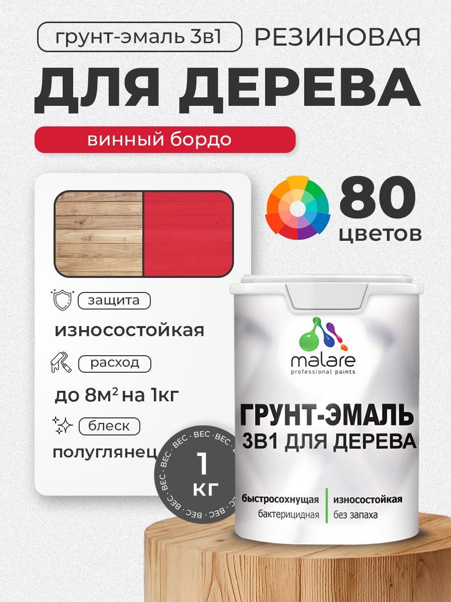 Латексная Грунт-Эмаль 3 в 1 Malare для деревянных поверхностей с антисептическим эффектом, быстросохнущая моющаяся без запаха полуглянцевая, винный бордо, 1 кг