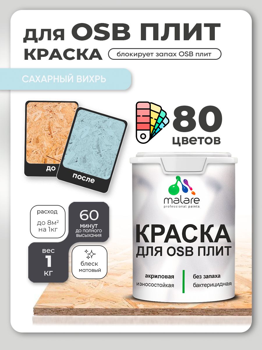 Акриловая краска для ОСБ плит Malare для дерева для наружных и внутренних работ, быстросохнущая без запаха матовая, сахарный вихрь, 1 кг