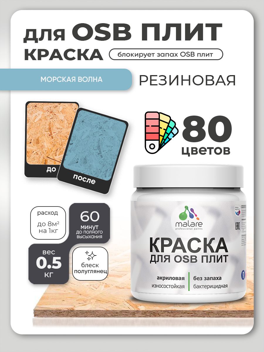 Резиновая краска для ОСБ плит Malare акриловая краска для дерева для наружных и внутренних работ, быстросохнущая без запаха полуглянцевая, морская волна, 0.5 кг