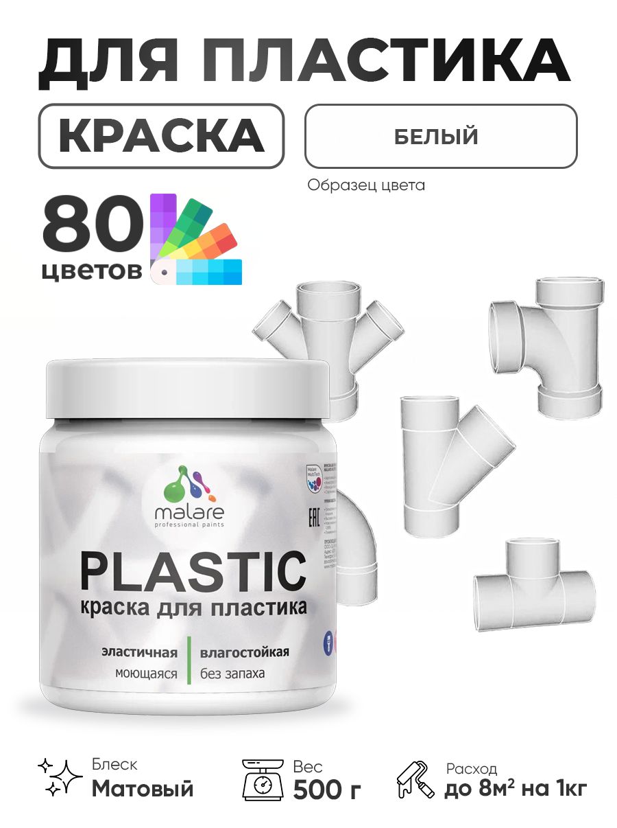 Акриловая краска для пластика Malare Plastic для пенопласта ПВХ сайдинга, для подоконников и откосов, быстросохнущая без запаха, матовая, белый, 0.5 кг