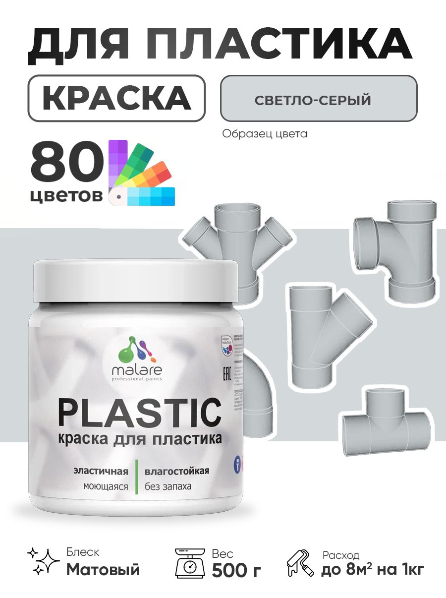 Акриловая краска для пластика Malare Plastic для пенопласта ПВХ сайдинга, для подоконников и откосов, быстросохнущая без запаха, матовая, светло-серый, 0.5 кг