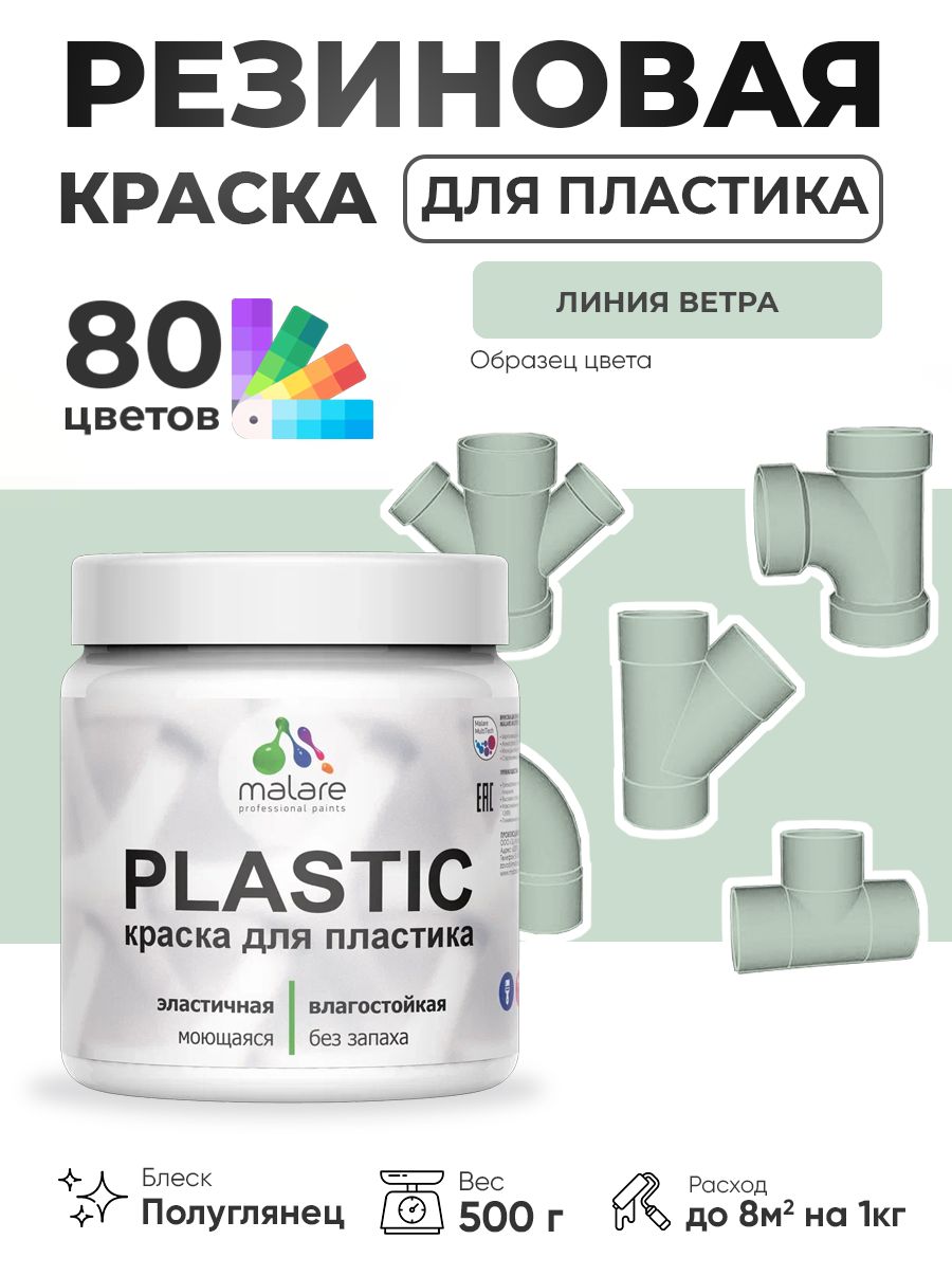 Резиновая краска для пластика Malare Plastic для пенопласта ПВХ сайдинга, для подоконников и откосов, быстросохнущая без запаха, полуглянцевая, линия ветра, 0.5 кг