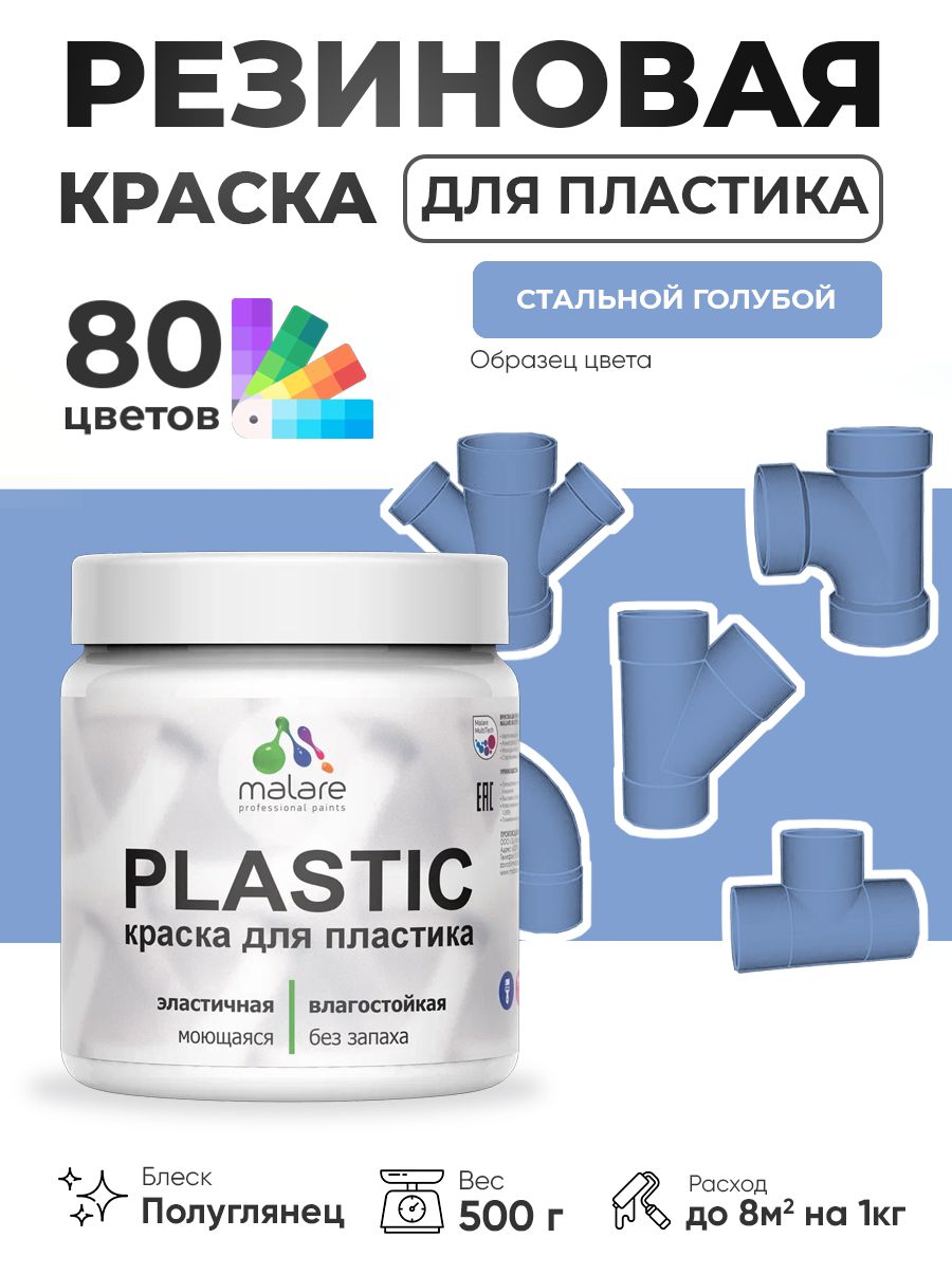 Резиновая краска для пластика Malare Plastic для пенопласта ПВХ сайдинга, для подоконников и откосов, быстросохнущая без запаха, полуглянцевая, стальной голубой, 0.5 кг