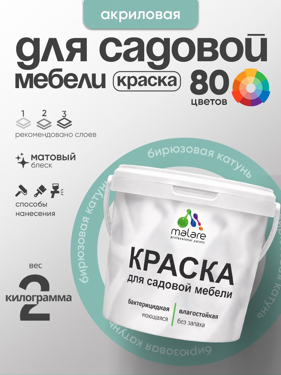 Акриловая краска Malare для садовой мебели/ по дереву, для наружных и внутренних работ/ быстросохнущая моющаяся без запаха матовая, бирюзовая катунь, 2 кг