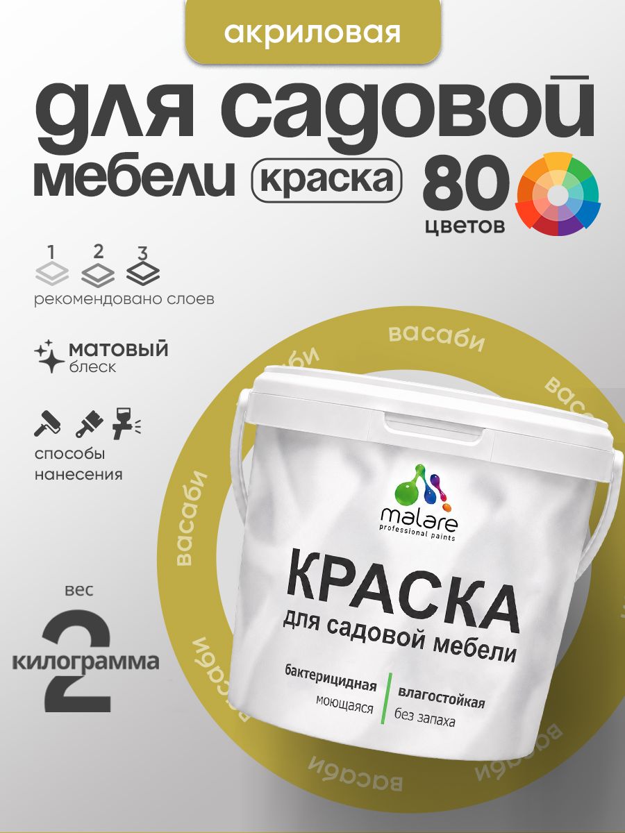 Акриловая краска Malare для садовой мебели/ по дереву, для наружных и внутренних работ/ быстросохнущая моющаяся без запаха матовая, васаби, 2 кг