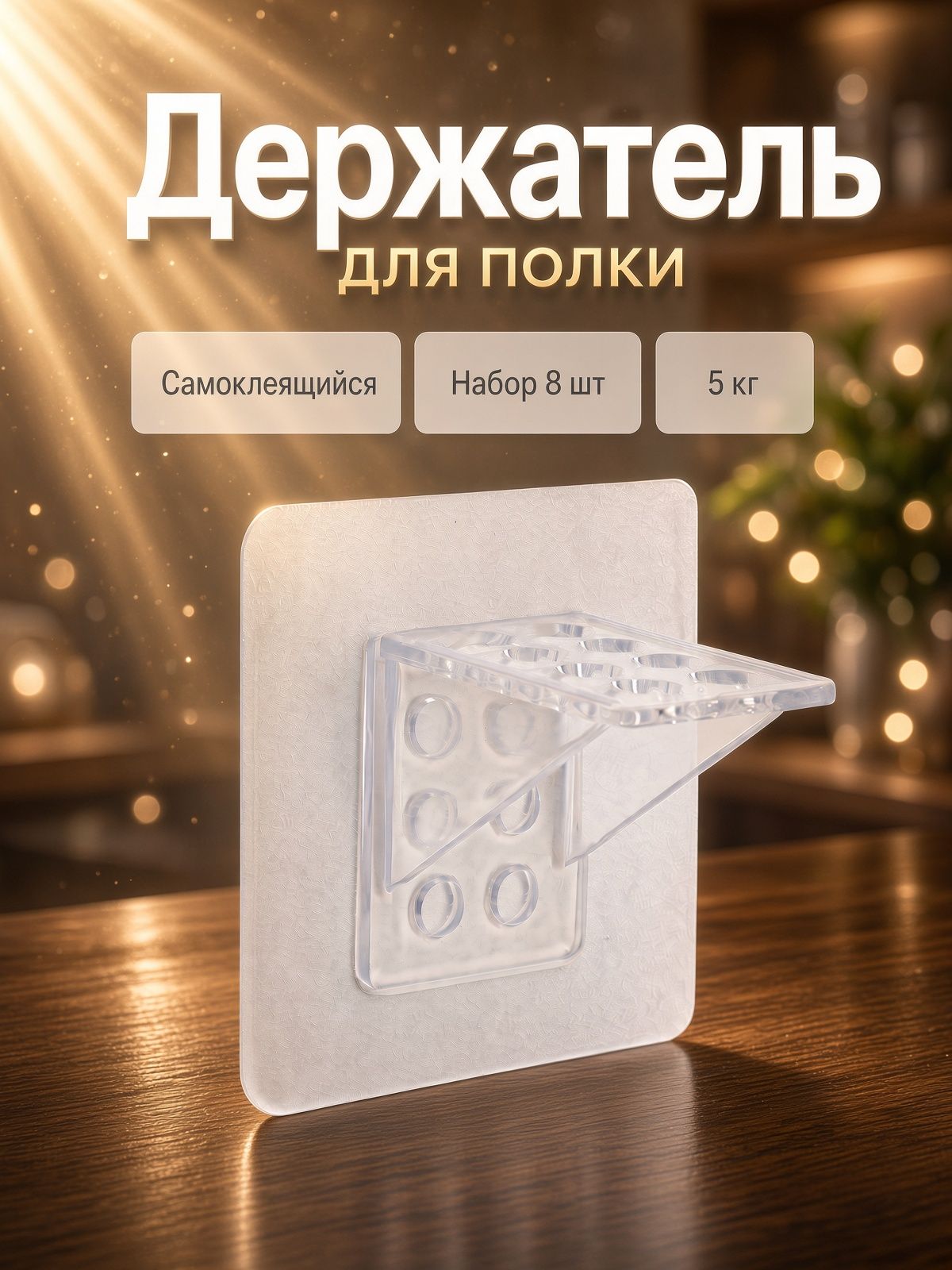 Держатели для полки самоклеящийся ТУНДРА, прозрачный, набор 8 шт.