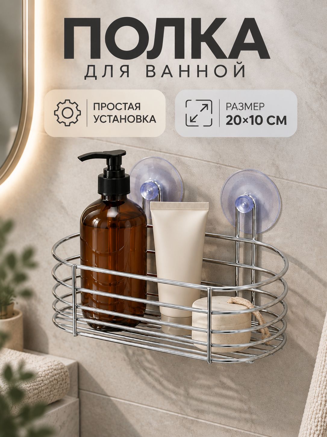 Полка настенная, 20х10 см, на вакуумных присосках, полка в ванную прямая