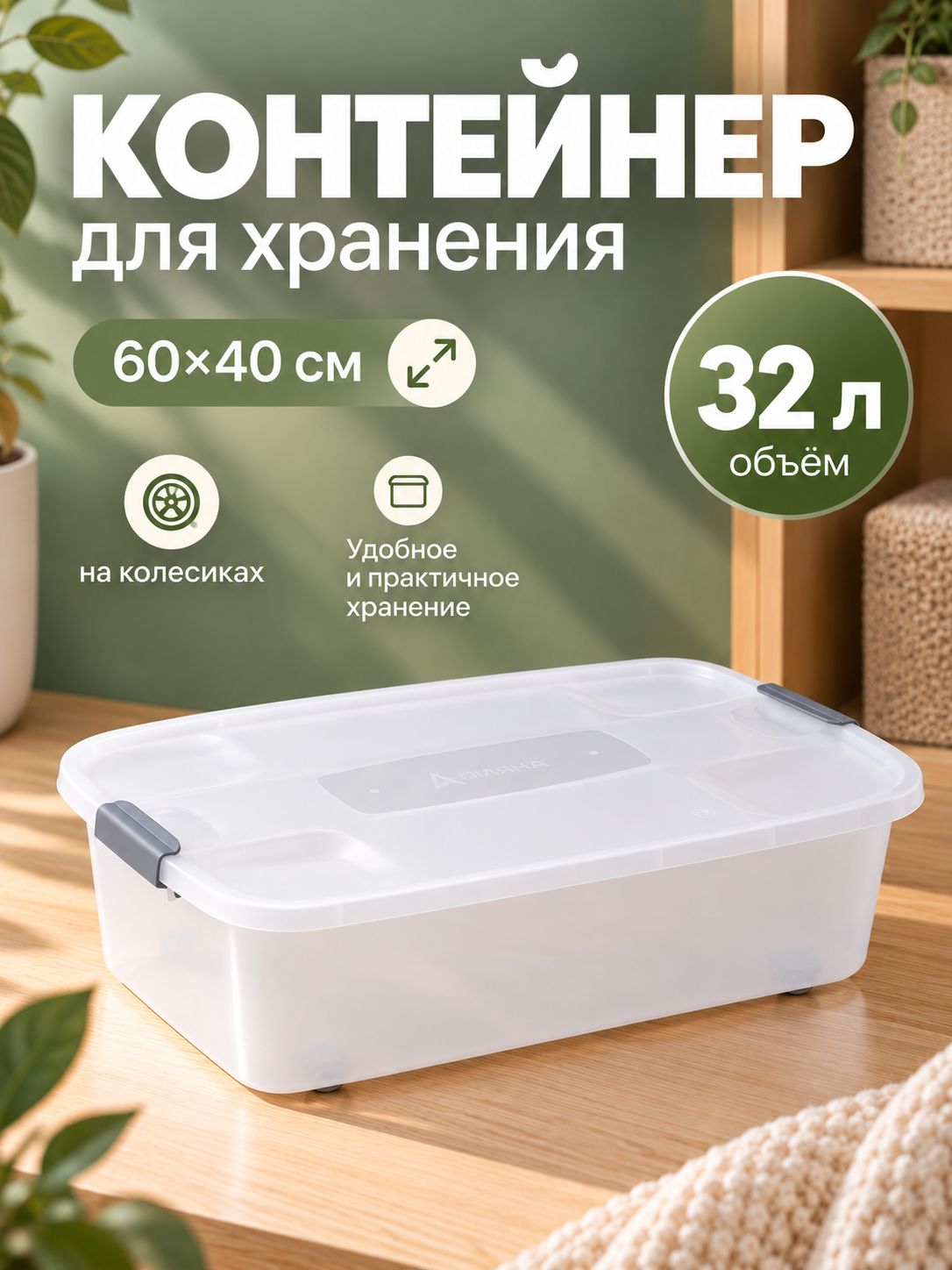 Контейнер для хранения, пластиковый с крышкой, на колёсиках 32 л, 60х40х19 см