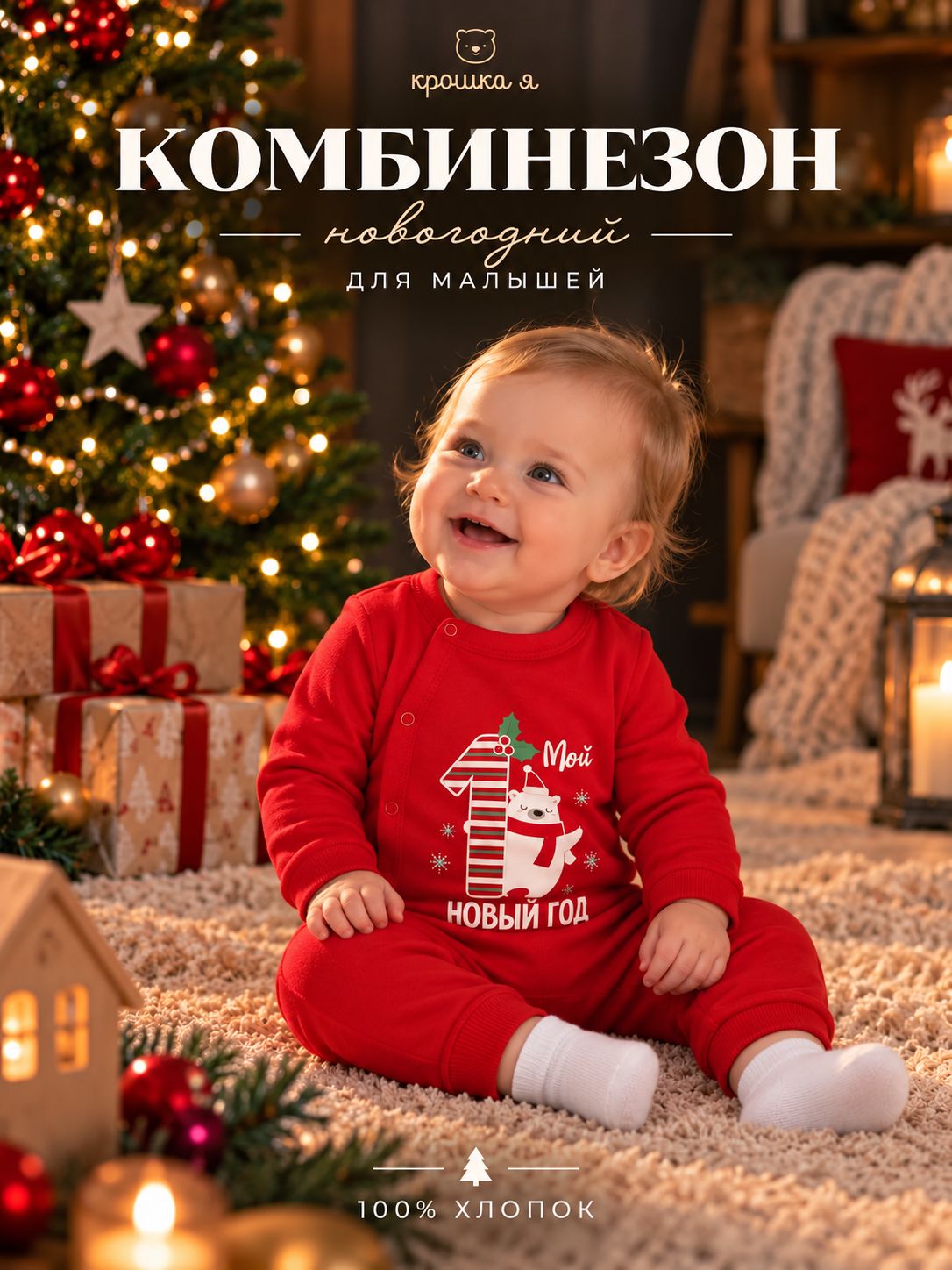 Новогодний комбинезон для малышей с длинным рукавом Крошка Я "Первый НГ", рост 68-74 см, красный