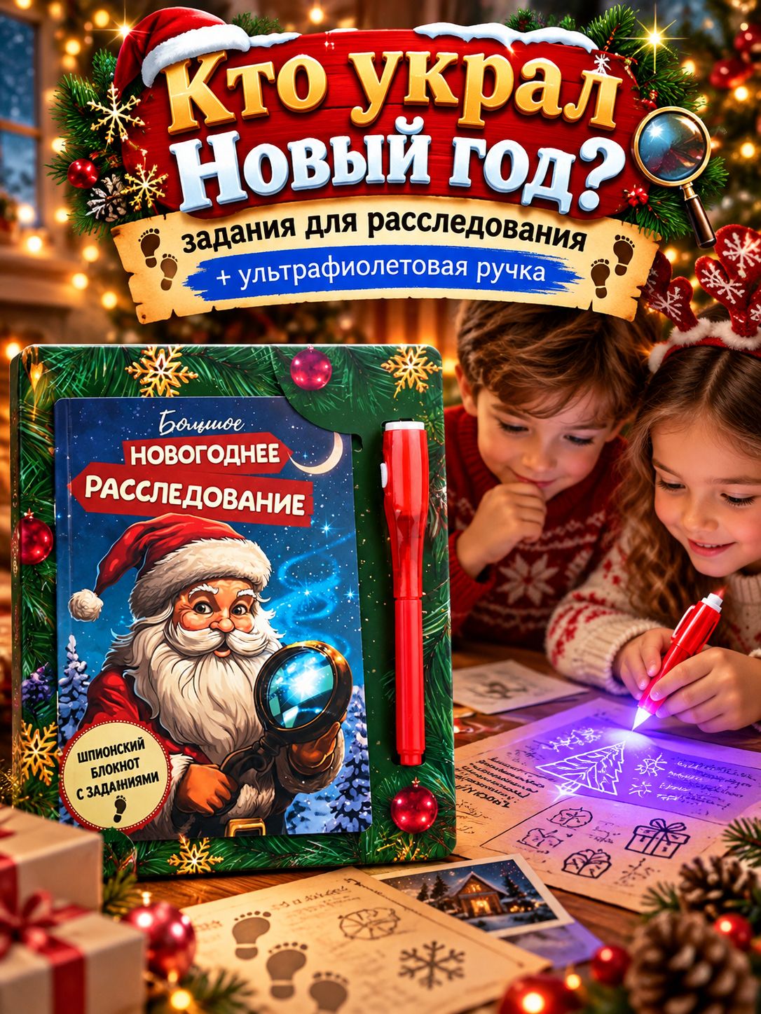 Подарочный набор новогодний, блокнот А6, 16 листов, ручка шпион Новогоднее расследование с Дедом Морозом