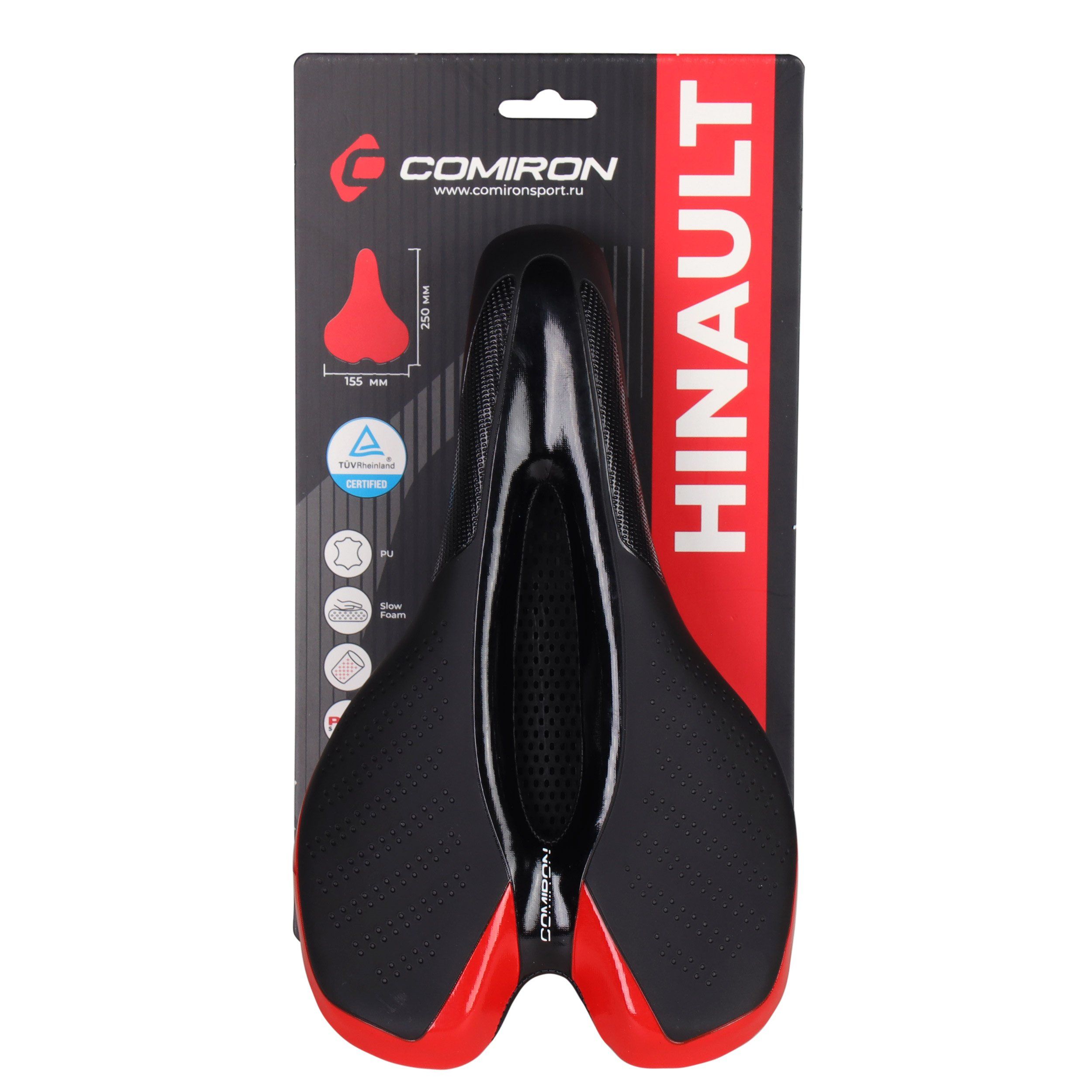 Седло велосипедное MTB COMIRON HINAULT M039R 250X155, верх: PU принтованный глянец, черное с красным Седло велосипедное MTB COMIRON HINAULT M039R 250X155, верх: PU принтованный глянец, черное с красным