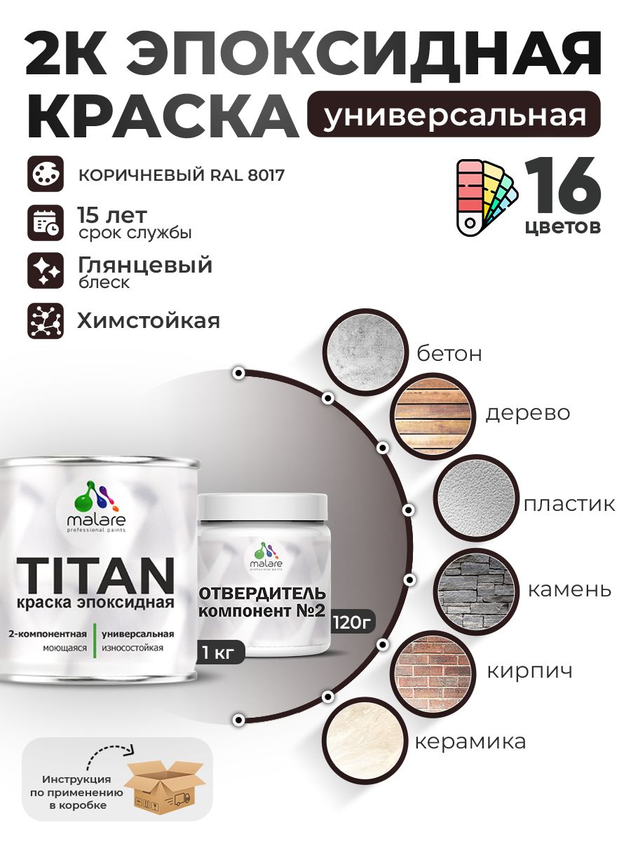2К Эпоксидная краска Malare TITAN универсальная, двухкомпонентная влагостойкая высокопрочная износостойкая, RAL 8017 коричневый, глянцевая, (1 кг + 0,12кг отвердитель)