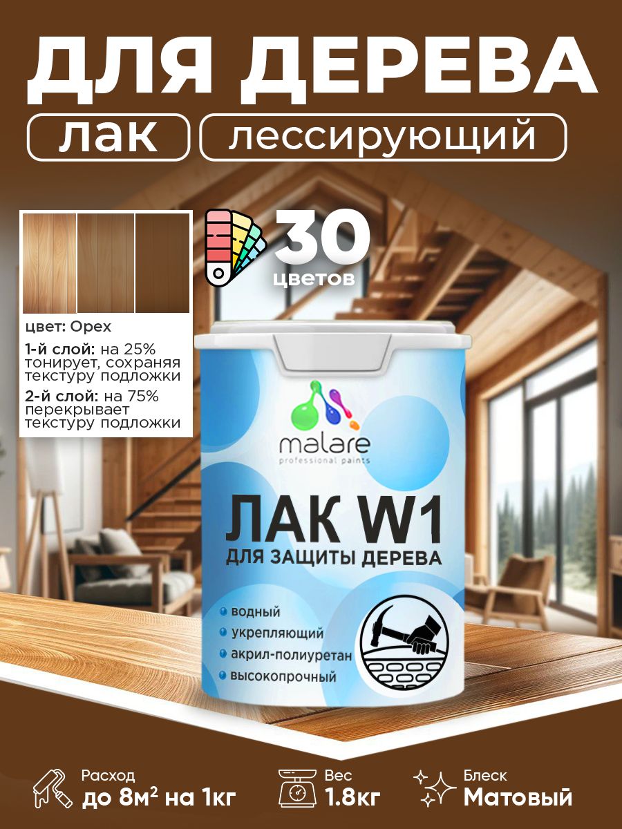 Лак колерованный тонирующий для дерева Malare W1 для деревянных и минеральных поверхностей, моющийся без запаха быстросохнущий, матовый, орех, 1.8 кг.