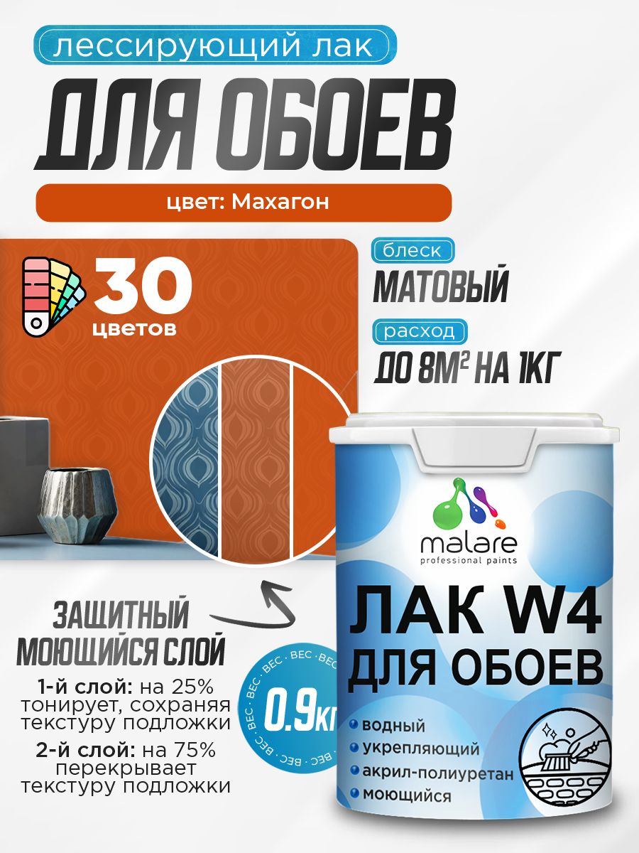 Лак колерованный тонирующий для защиты обоев Malare W4 универсальный для дерева и минеральных поверхностей, водный без запаха быстросохнущий, матовый, махагон, 0.9 кг.