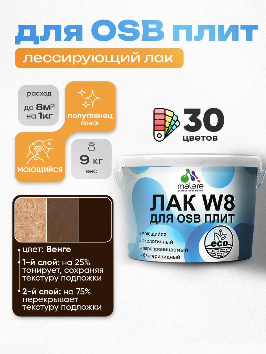 Лак колерованный тонирующий для защиты ОСБ плит Malare W8 для дерева и минеральных поверхностей, паропроницаемый водный без запаха, полуглянцевый, венге, 9 кг.