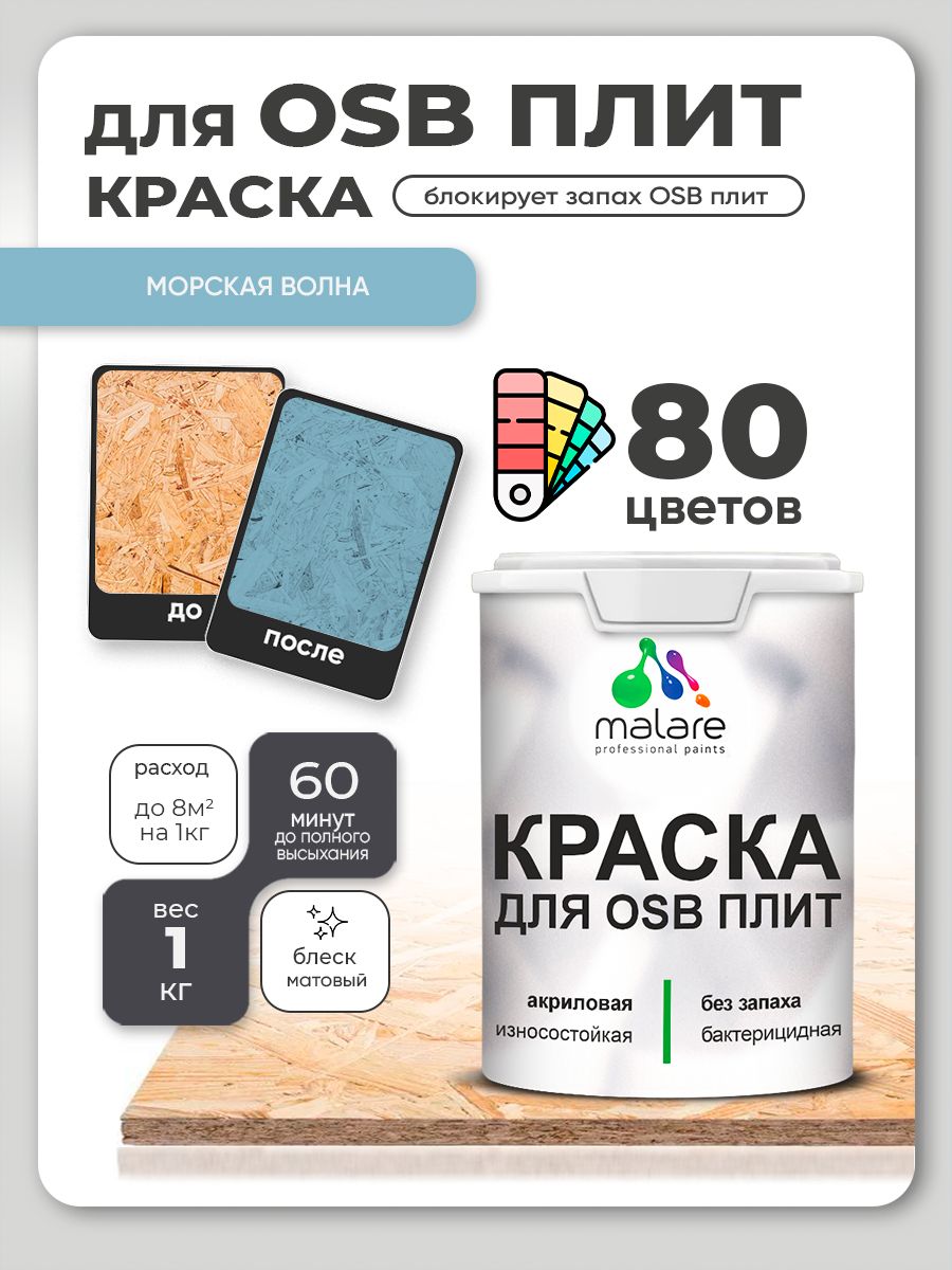 Акриловая краска для ОСБ плит Malare для дерева для наружных и внутренних работ, быстросохнущая без запаха матовая, морская волна, 1 кг