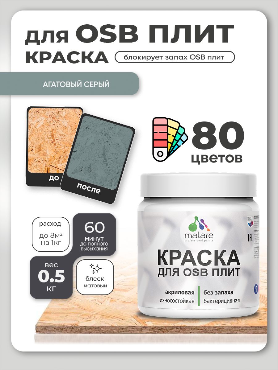 Акриловая краска для ОСБ плит Malare для дерева для наружных и внутренних работ, быстросохнущая без запаха матовая, агатовый серый, 0.5 кг