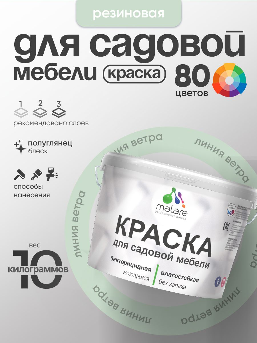 Резиновая краска Malare для садовой мебели/ по дереву, для наружных и внутренних работ/ быстросохнущая моющаяся без запаха полуглянцевая, линия ветра, 10 кг
