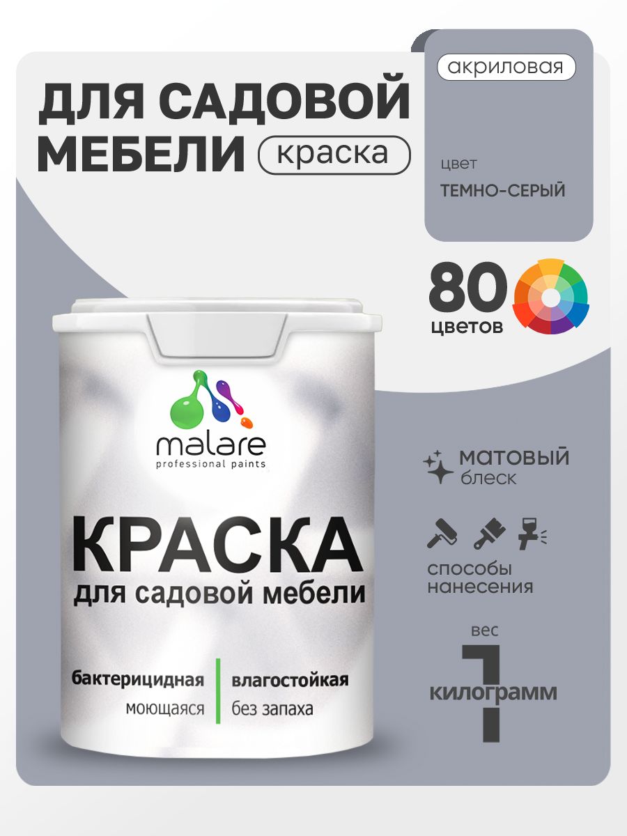 Акриловая краска Malare для садовой мебели/ по дереву, для наружных и внутренних работ/ быстросохнущая моющаяся без запаха матовая, темно-серый, 1 кг