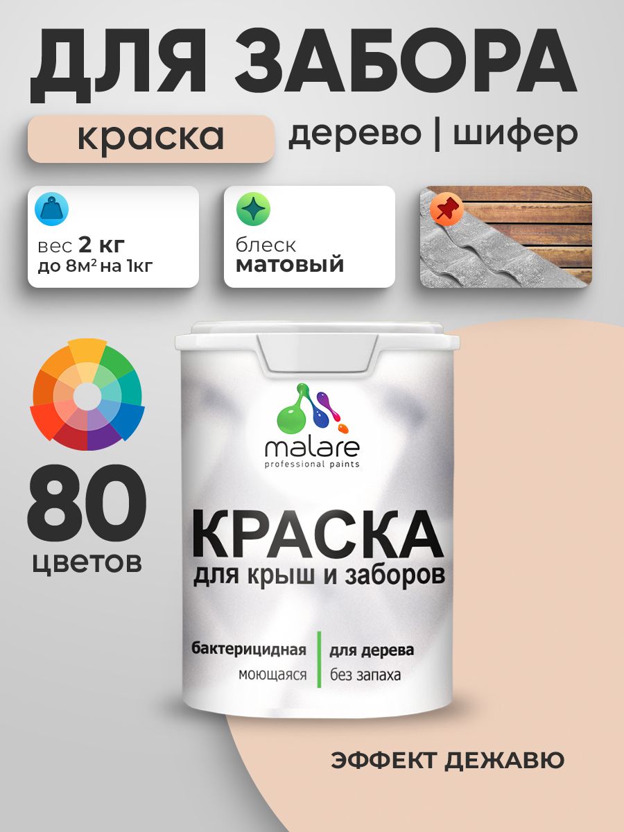Акриловая краска Malare для деревянного забора/ по дереву для наружных и внутренних работ/ быстросохнущая моющаяся без запаха, матовая, эффект дежавю, 2 кг.