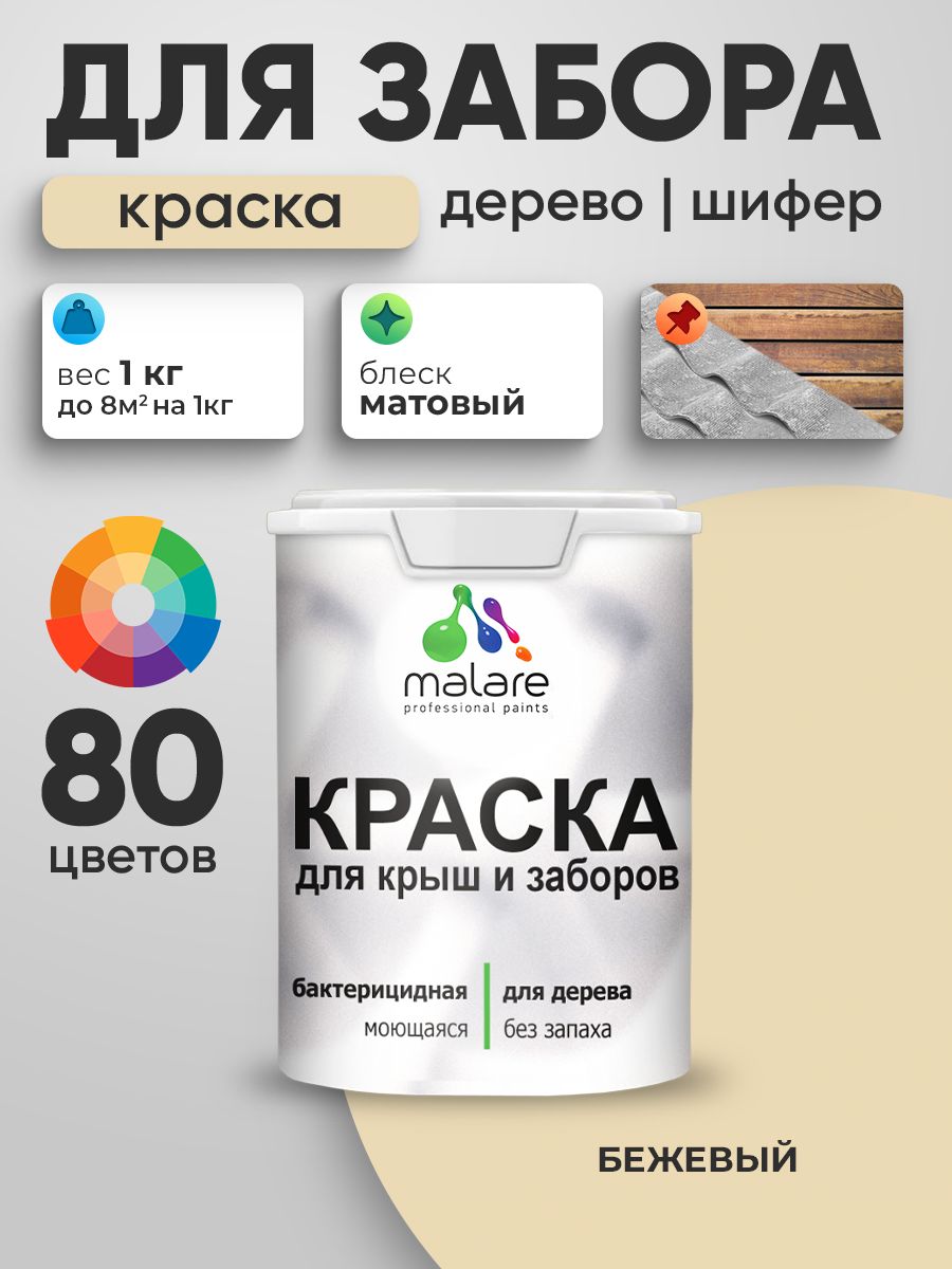 Акриловая краска Malare для деревянного забора/ по дереву для наружных и внутренних работ/ быстросохнущая моющаяся без запаха, матовая, бежевый, 1 кг.