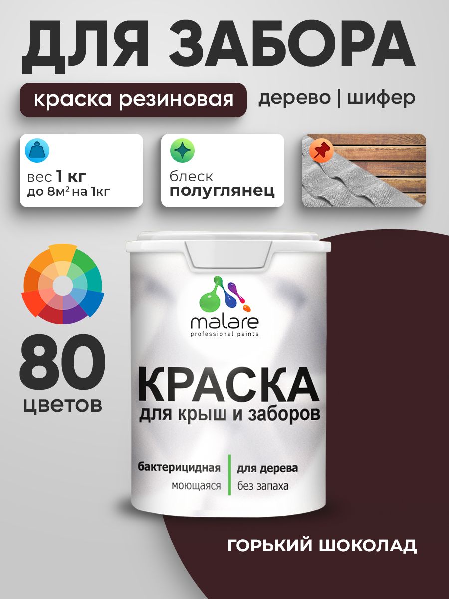 Резиновая краска Malare для деревянного забора/ по дереву для наружных и внутренних работ/ быстросохнущая моющаяся без запаха полуглянцевая, горький шоколад, 1 кг.