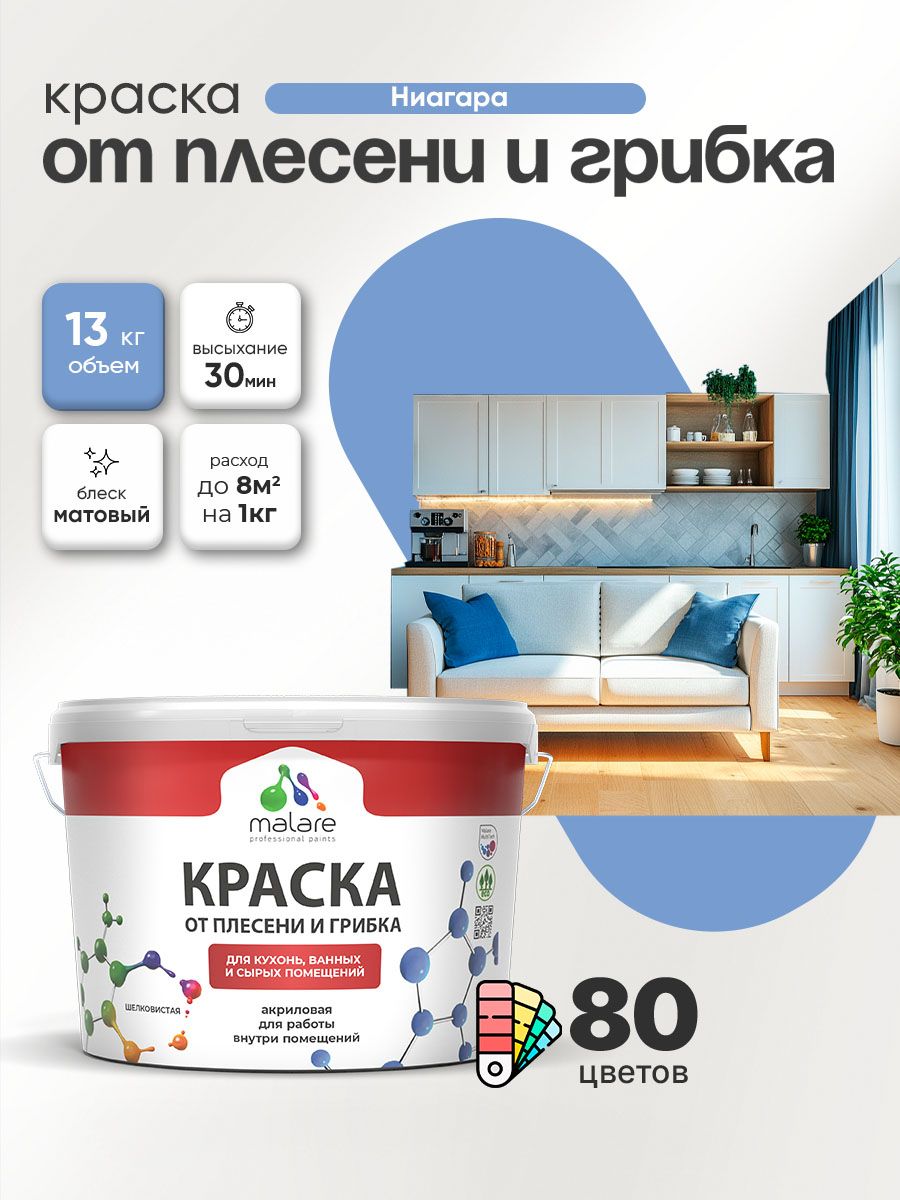 Влагостойкая краска от плесени и грибка Malare Professional акриловая для кухни, ванной комнаты, для сырых помещений, быстросохнущая без запаха, ниагара, (9л - 13кг)