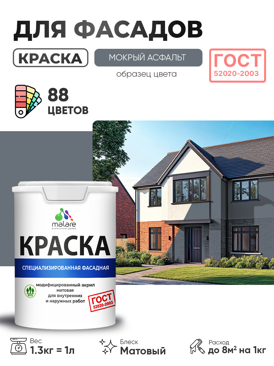 Краска фасадная для наружных работ Malare "ГОСТ" для дерева, камня и кирпича, по бетону и штукатурке, УФ-стойкая быстросохнущая без запаха, матовая, мокрый асфальт, (1л - 1.3кг)