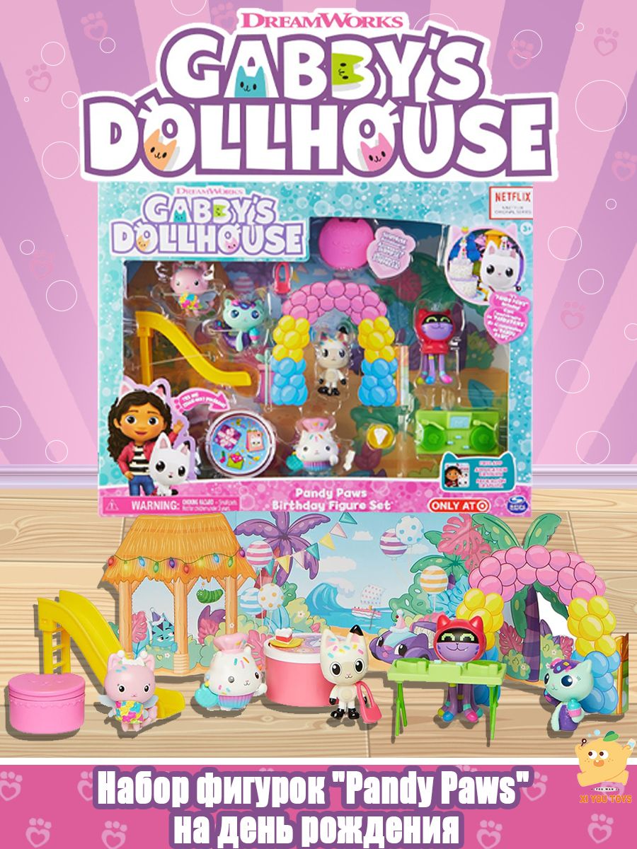 Gabby's Dollhouse Set Figure Di Compleanno Pandy Paws Con Accessori, 5 Personaggi Esclusivi