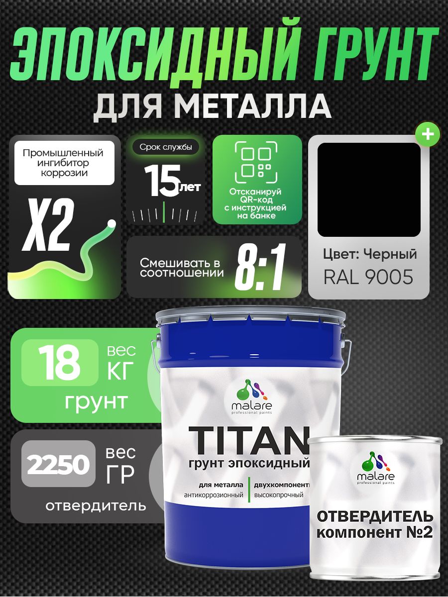 2К Грунт эпоксидный для металла TITAN Malare, двухкомпонентная грунтовка антикоррозионная высокопрочная, черный RAL 9005, 18 кг + 2,25 кг отвердитель