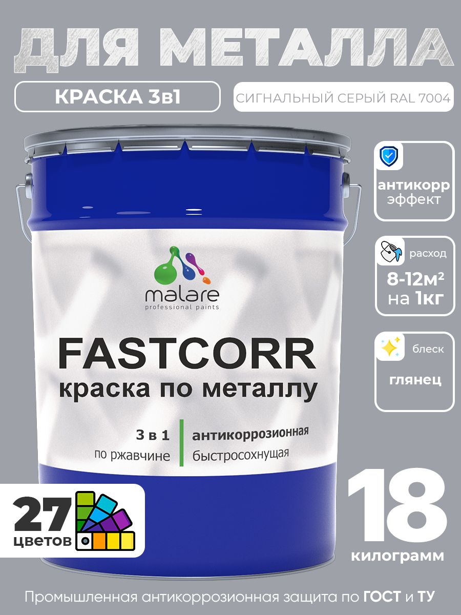 Краска для металла по ржавчине Malare FastCorr, для наружных работ износостойкая, быстросохнущая RAL 7004 сигнальный серый, глянцевая, 18 кг
