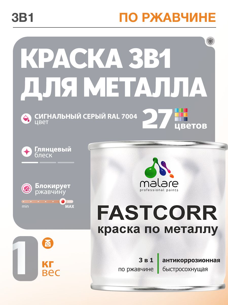 Краска для металла по ржавчине Malare FastCorr, для наружных работ износостойкая, быстросохнущая RAL 7004 сигнальный серый, глянцевая, 1 кг