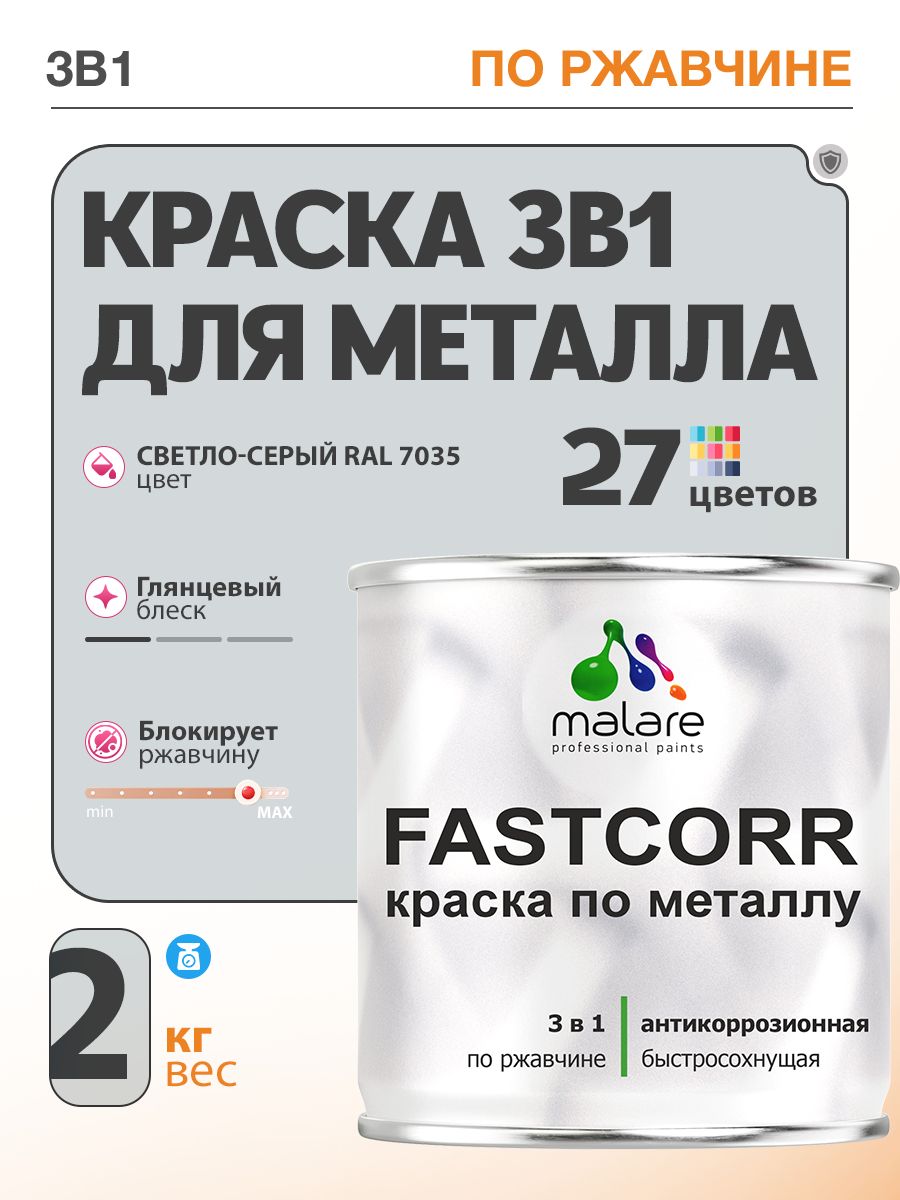 Краска для металла по ржавчине Malare FastCorr, для наружных работ износостойкая, быстросохнущая RAL 7035 светло-серый, глянцевая, 2 кг