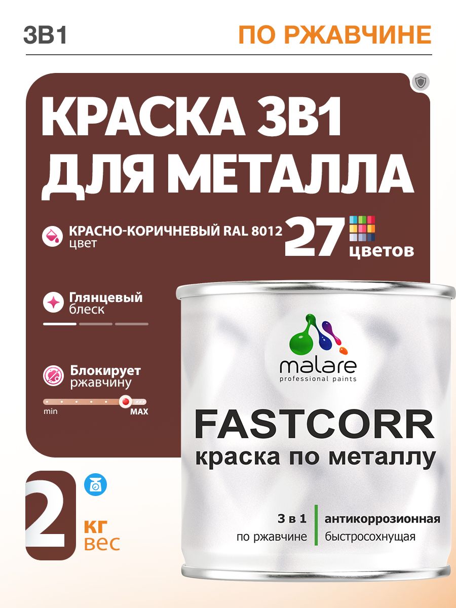 Краска для металла по ржавчине Malare FastCorr, для наружных работ износостойкая, быстросохнущая RAL 8012 красно-коричневый, глянцевая, 2 кг