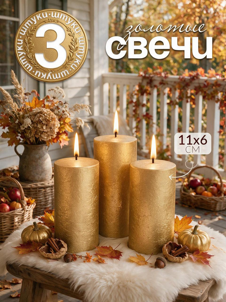 Набор золотых свечей, 3 штуки, 11 см высота, 6 см диаметр #1