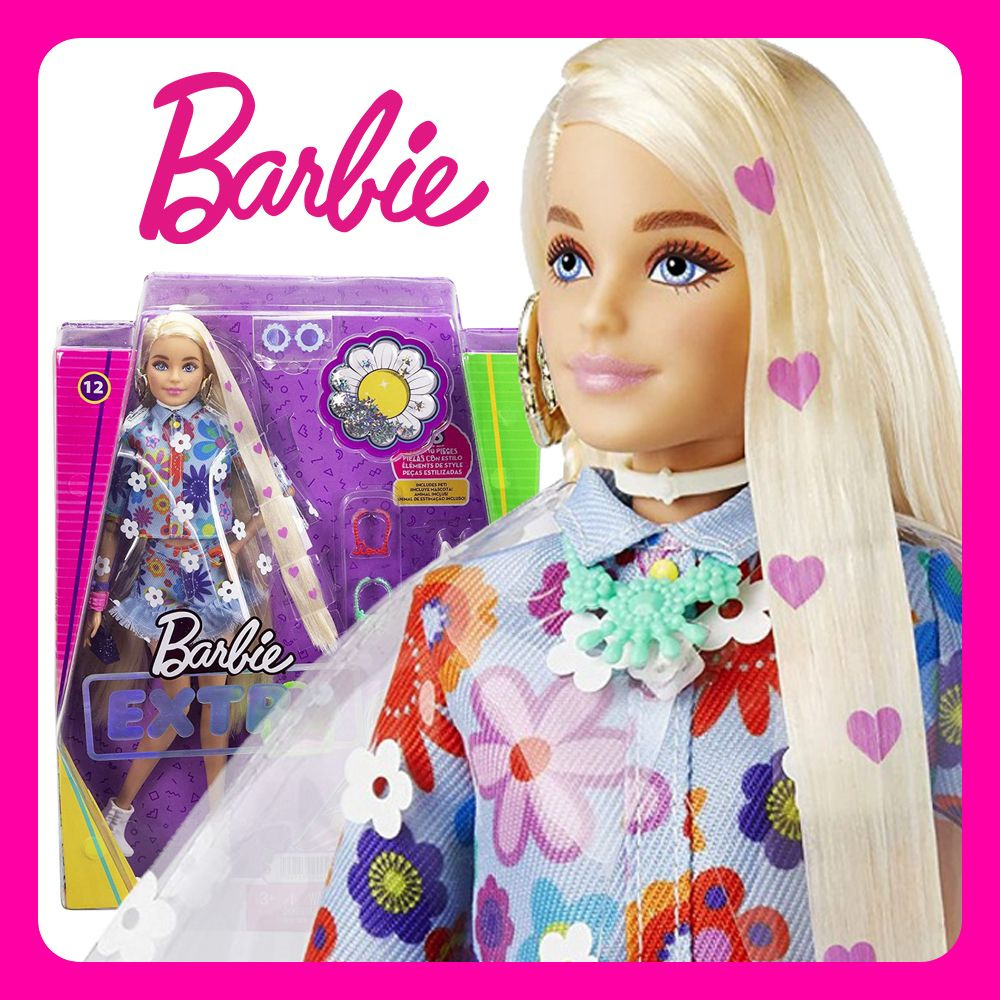 Кукла Барби Экстра - Блондинка с сердечками (Barbie Extra Doll #12 in  Floral 2-Piece Fashion & Accessories, with Pet Bunny, Extra-Long Blonde  Hair ...