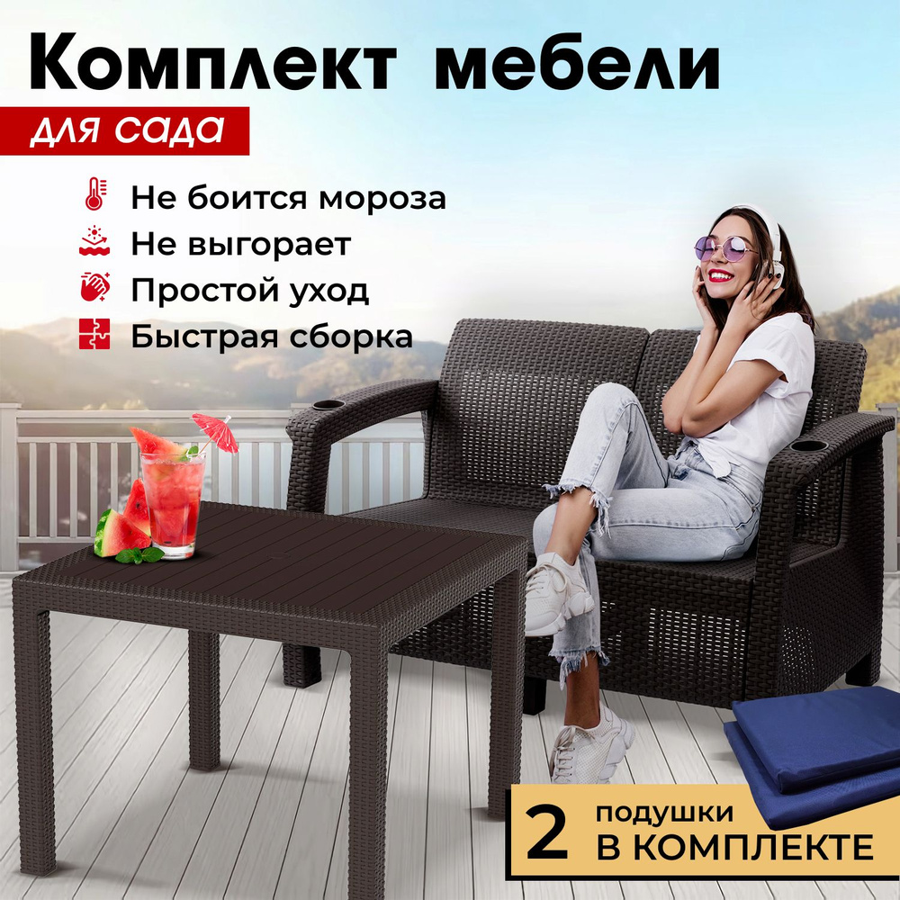 Комплект садовой мебели HomlyGreen (2-х местный диван + Стол 94х94х74см.), мокко, темно-синие подушки #1