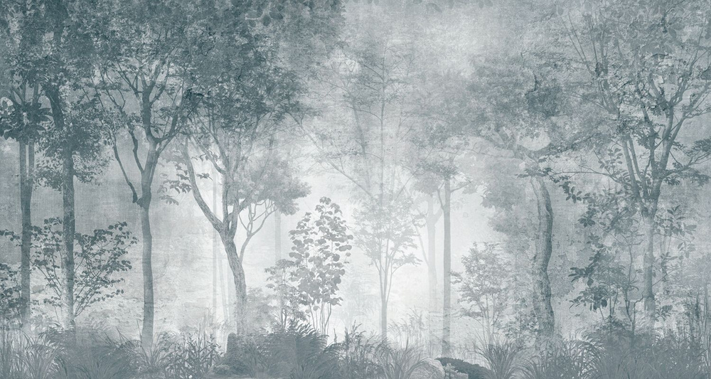 Фотообои флизелиновые на стену 3д GrandPik 10319 Лофт "Лес, деревья в тумане, винтаж, синий",, 500х270 #1